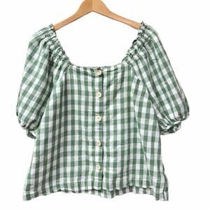 Madewell Green Gingham Linen-Cotton Peasant Puff Sleeve Coquette Top XL NE168